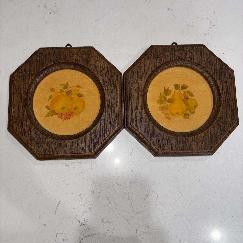Vintage 70’s Octagonal Faux Wood Framed Velvet Fruit Still Life Wall Art Set